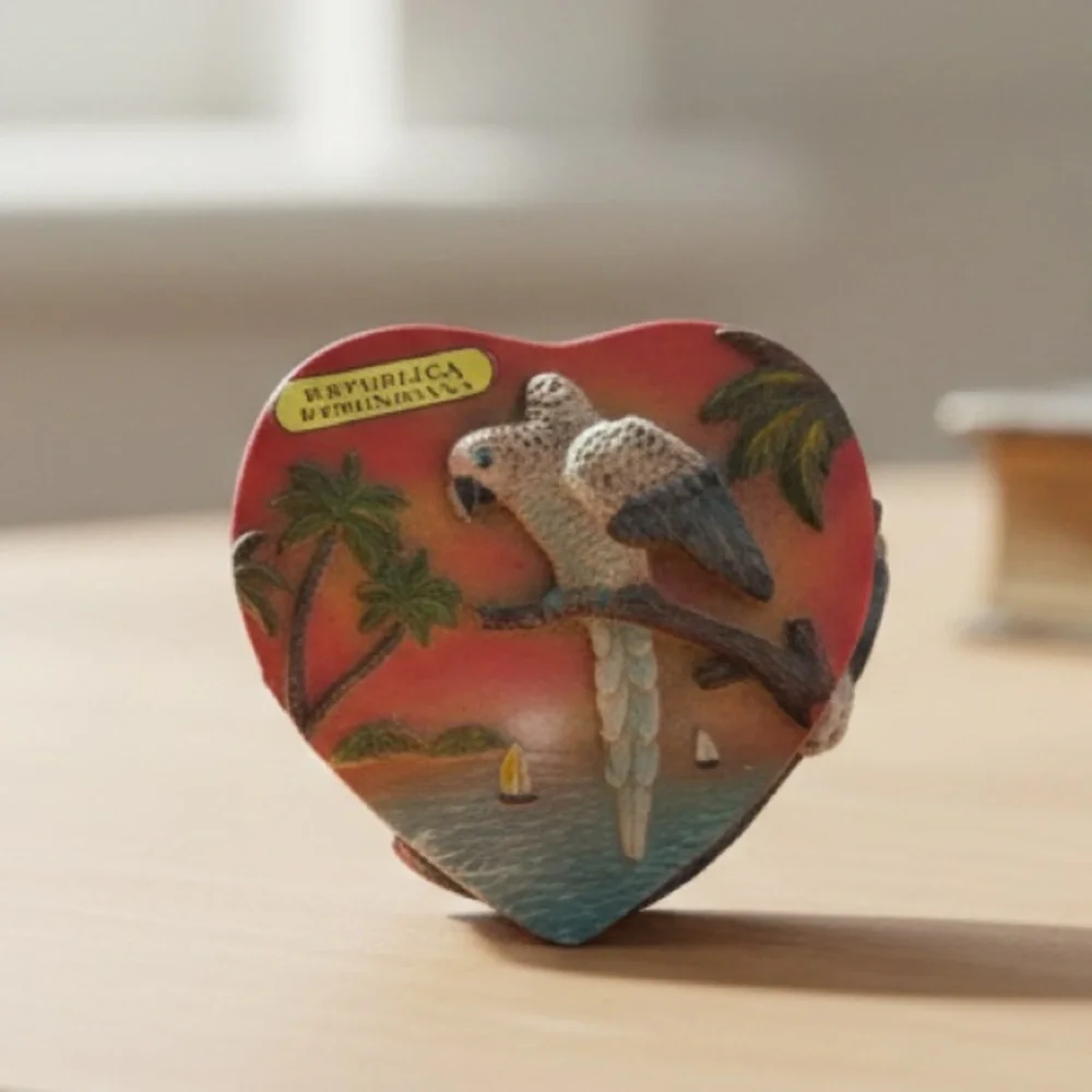 República Dominicana 3D Handmade Heart Shaped Macaw Colorful Trinket Box W/ Lid